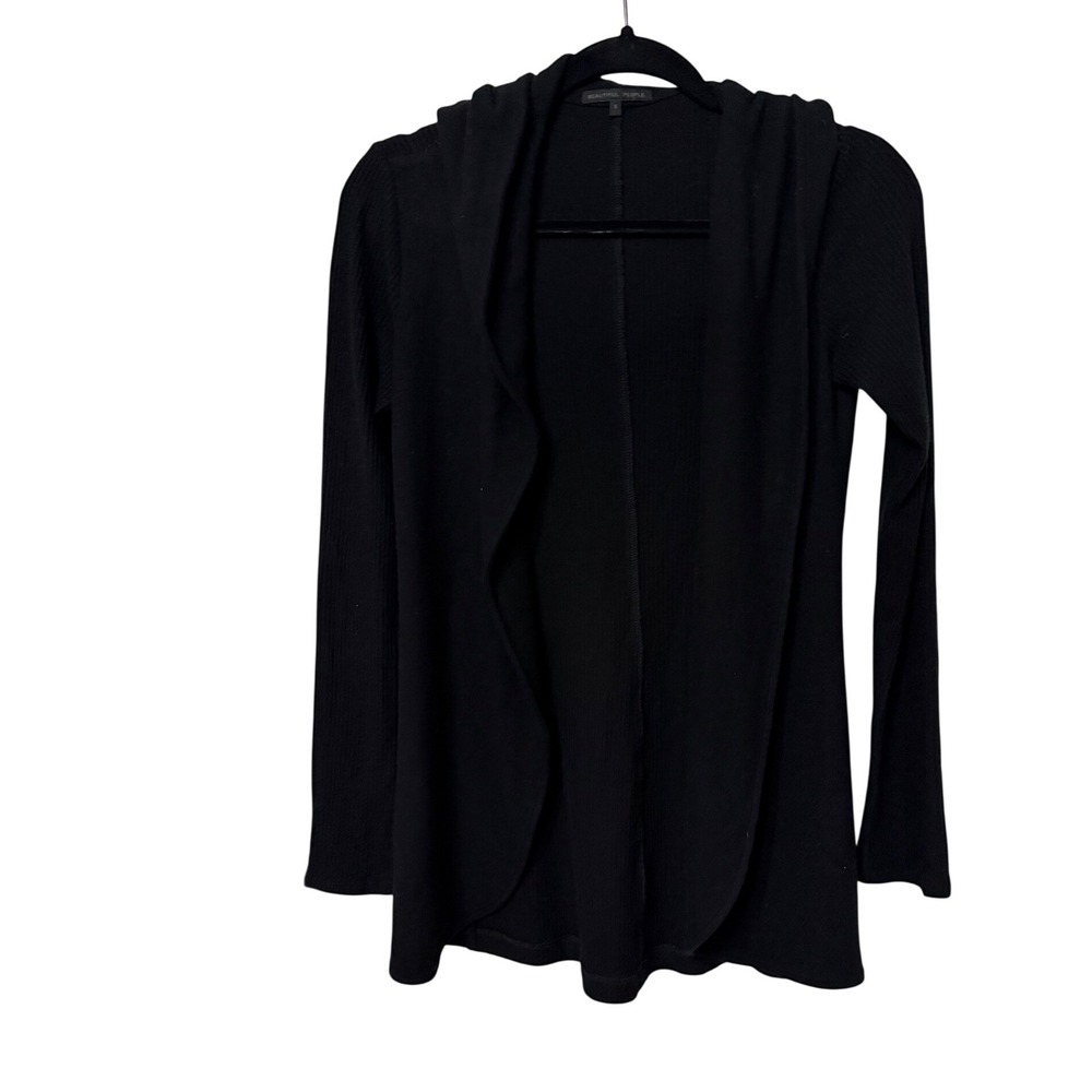 Beautiful People Womens Black Ribbed Hooded Open Cardigan Made in USA Small